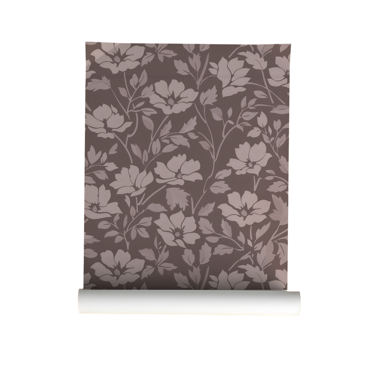 vintage floral wallpaper with soft blush flowers and leafy vines on a dusty mauve background on roll.