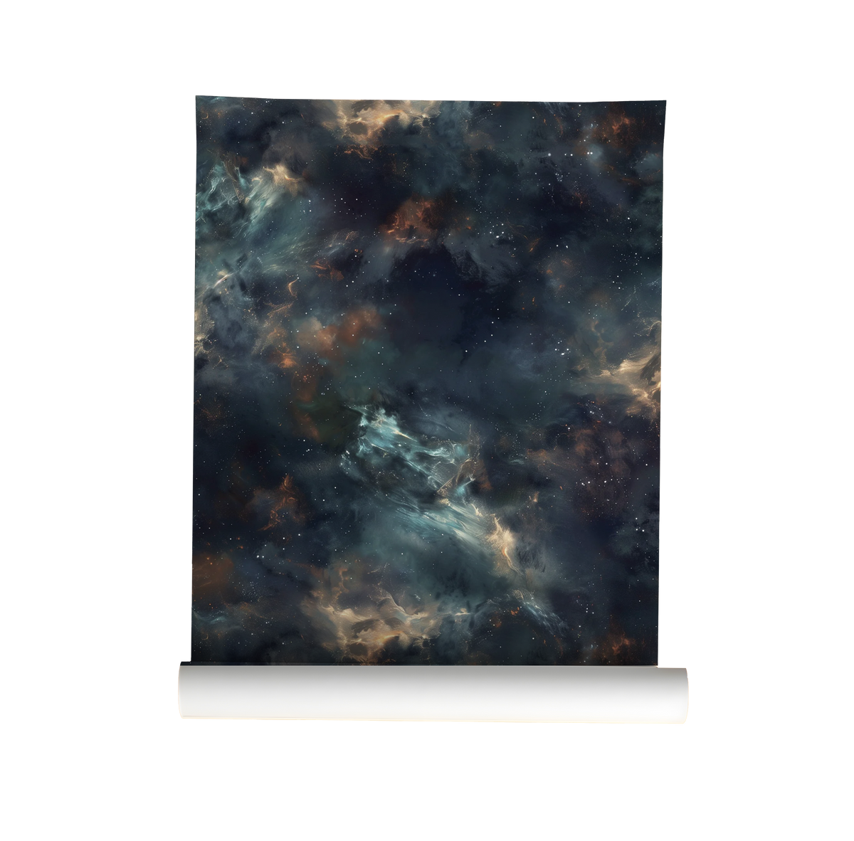 Dark celestial wallpaper with deep navy and black nebula clouds, glowing gold and blue highlights, and scattered stars on roll.