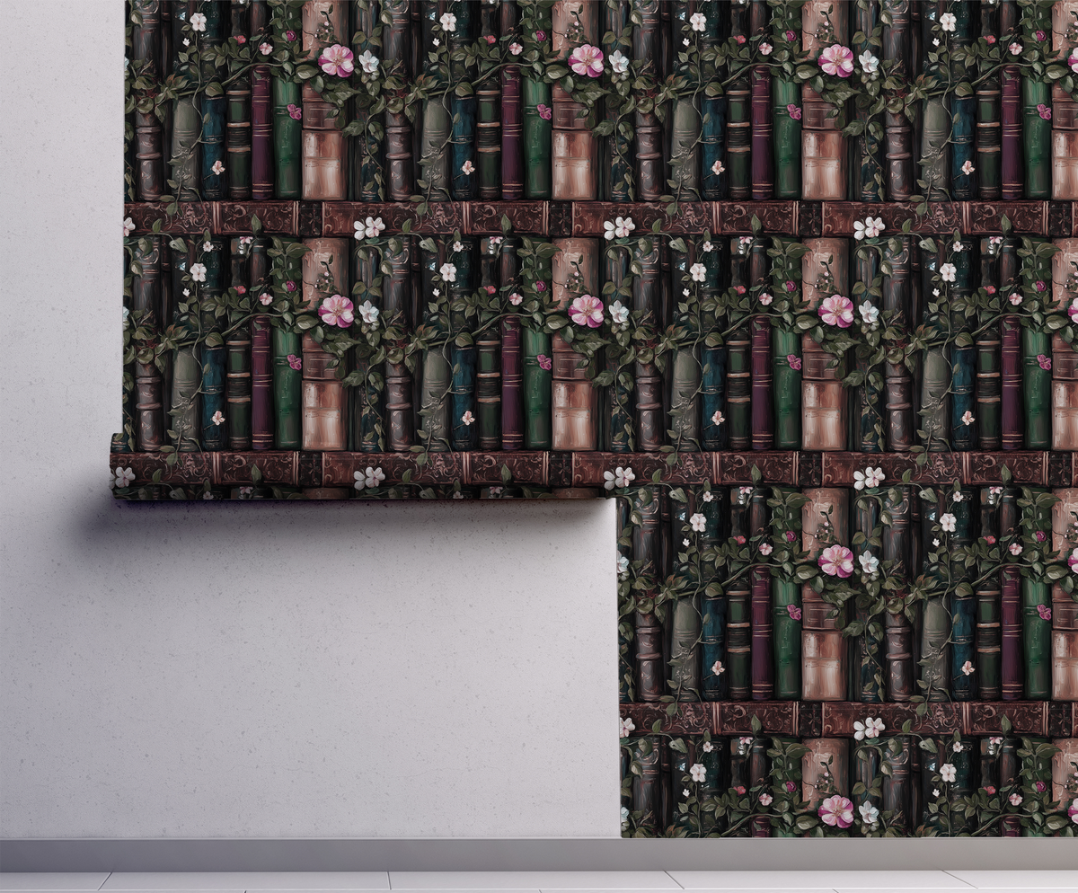Bookshelf wallpaper peel and stick, dark academia library wall mural with antique books, flowers, and botanical vines pattern repeat