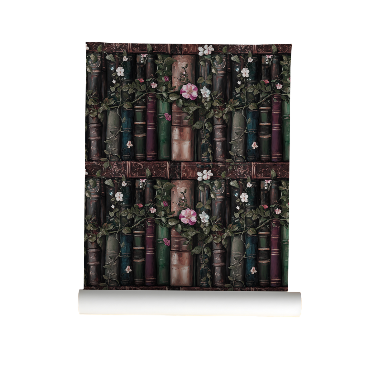 Bookshelf wallpaper peel and stick, dark academia library wall mural with antique books, flowers, and botanical vines on roll