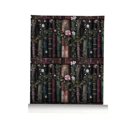 Bookshelf wallpaper peel and stick, dark academia library wall mural with antique books, flowers, and botanical vines on roll