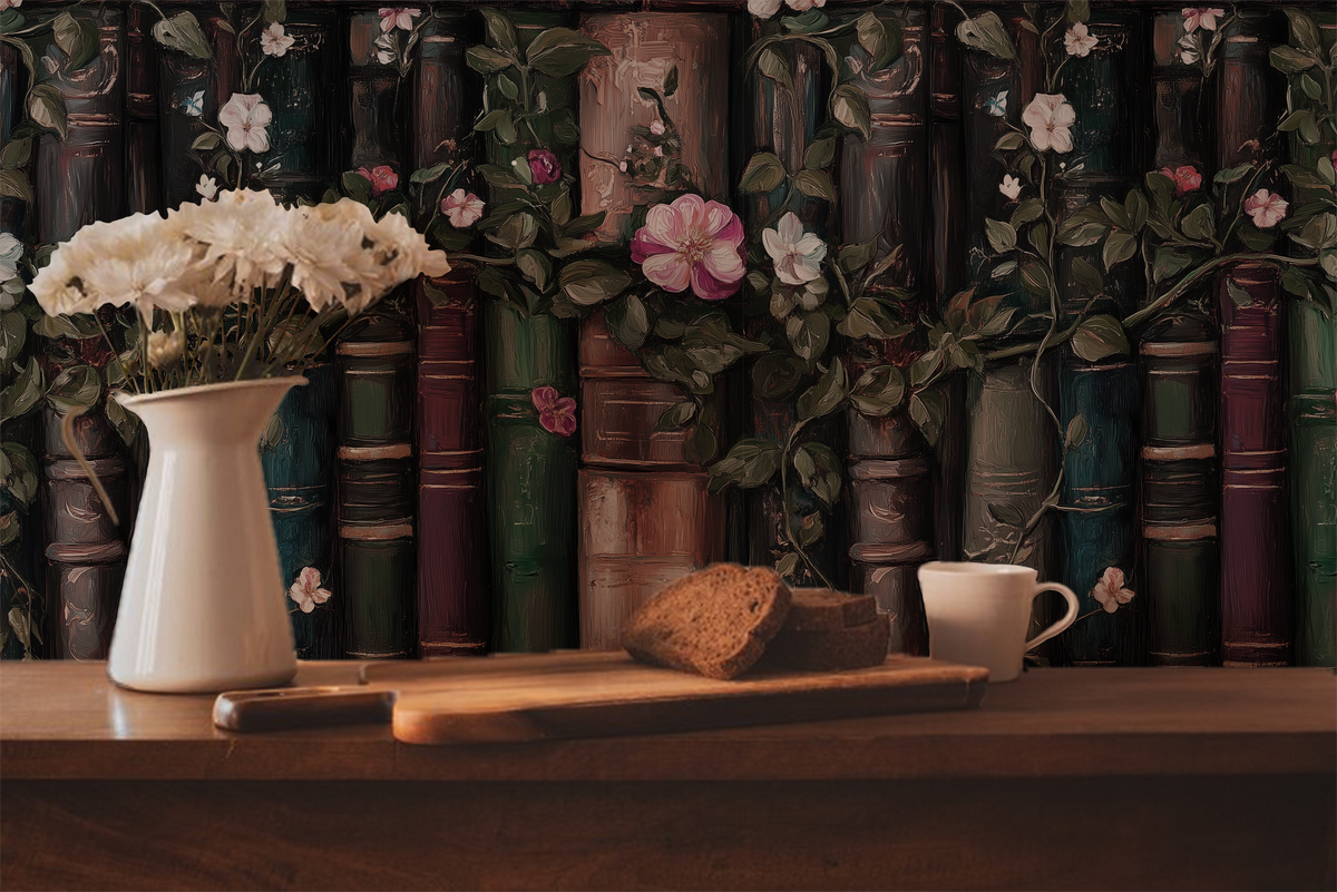 Bookshelf wallpaper peel and stick, dark academia library wall mural with antique books, flowers, and botanical vines in kitchen