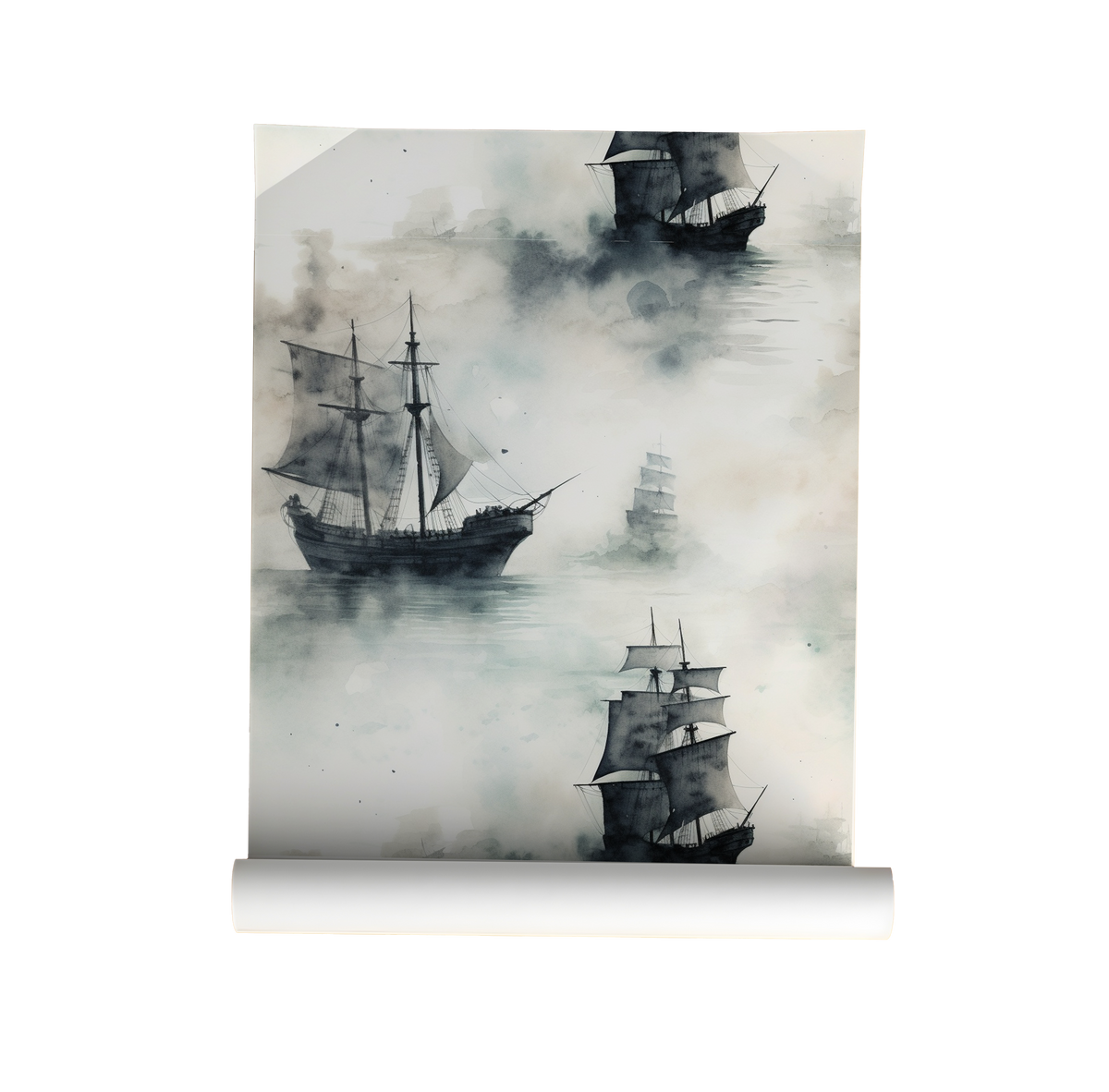 Moody sailing ship wallpaper with vintage tall ships drifting through soft blue-grey watercolor fog on a light neutral background on roll.