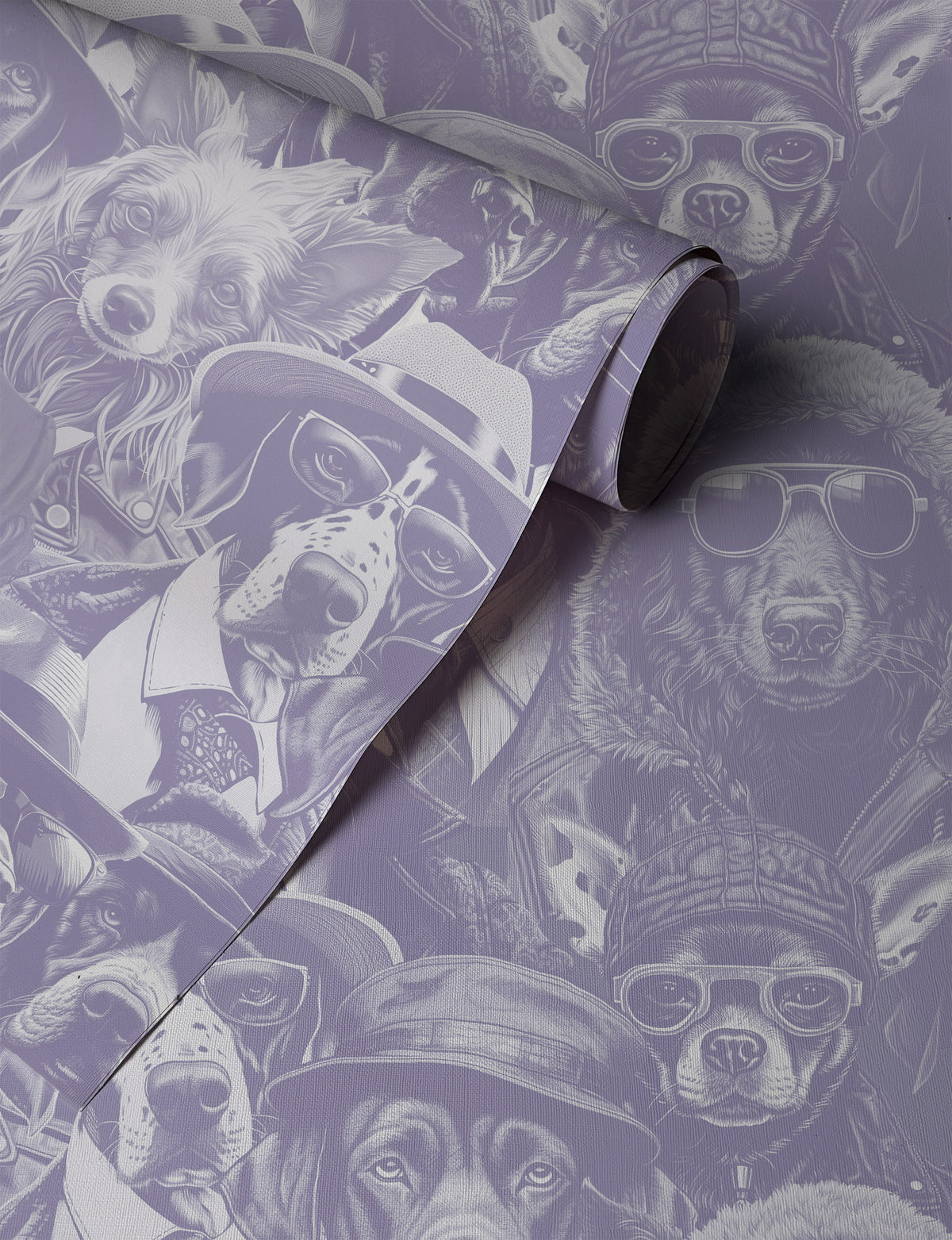 Moody wallpaper featuring a dense collage of stylish dogs in hats, glasses, and coats, illustrated in soft tones with a vintage portrait feel up close