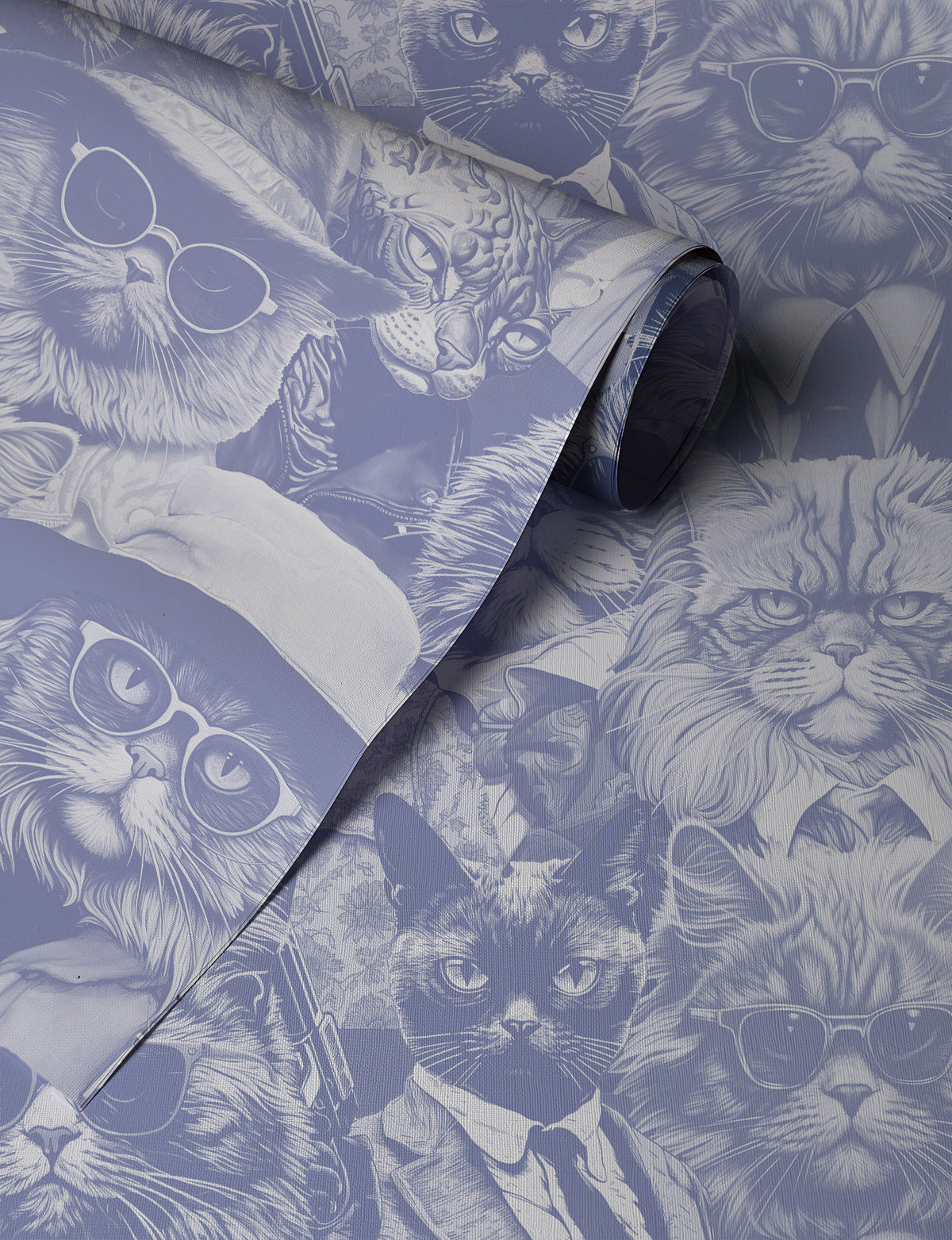 Moody wallpaper featuring a dense collage of stylish cats in sunglasses, hats, and tailored outfits, illustrated in soft lavender tones with a playful vintage portrait feel up close