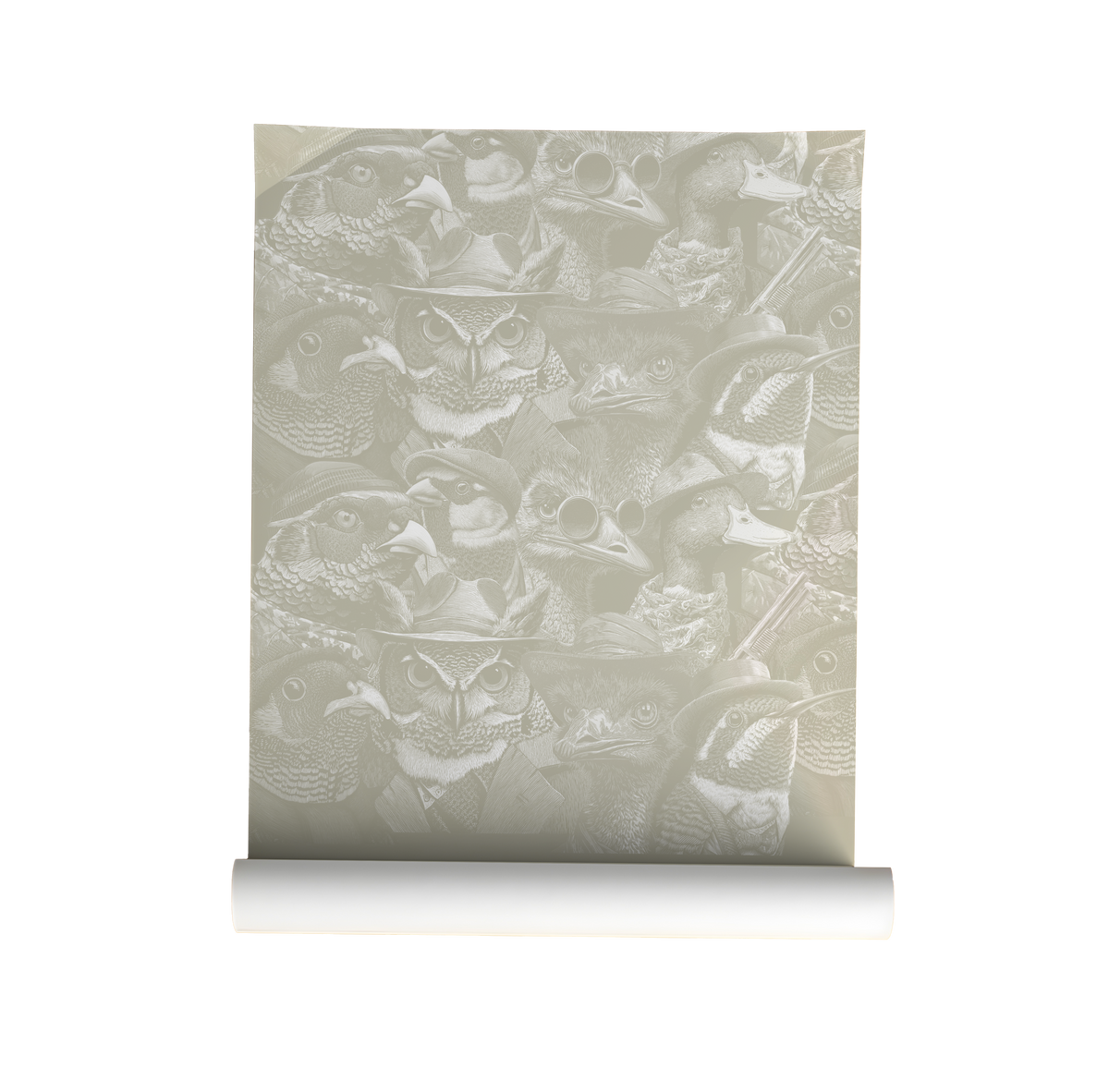 Moody wallpaper featuring a dense collage of vintage-style birds in hats, collars, and spectacles, rendered in soft taupe and beige tones with an antique illustrated look on a roll
