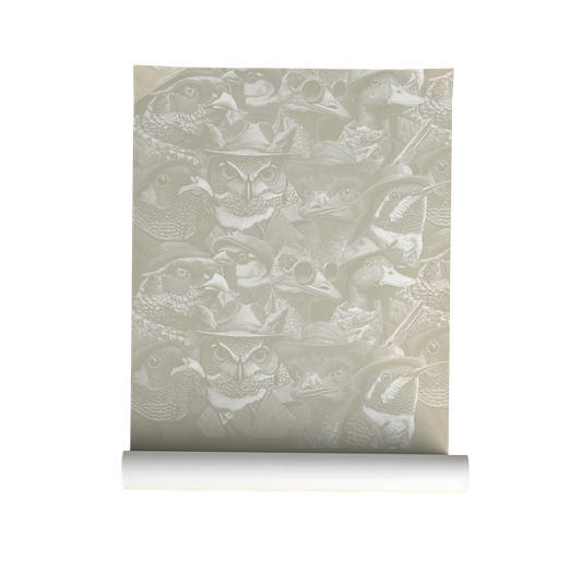 Moody wallpaper featuring a dense collage of vintage-style birds in hats, collars, and spectacles, rendered in soft taupe and beige tones with an antique illustrated look on a roll