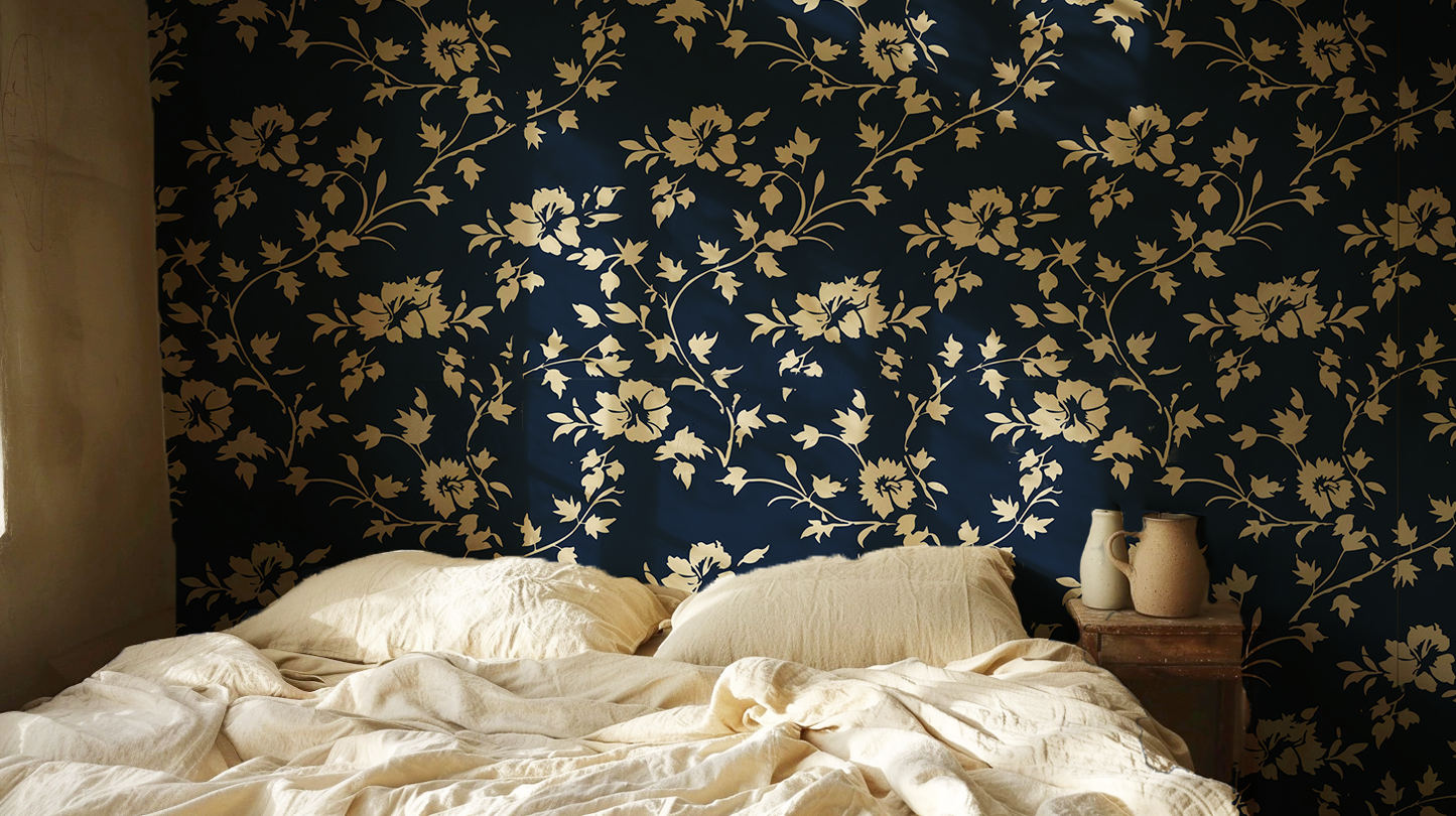 Navy Lace – Navy and Cream Floral Wallpaper