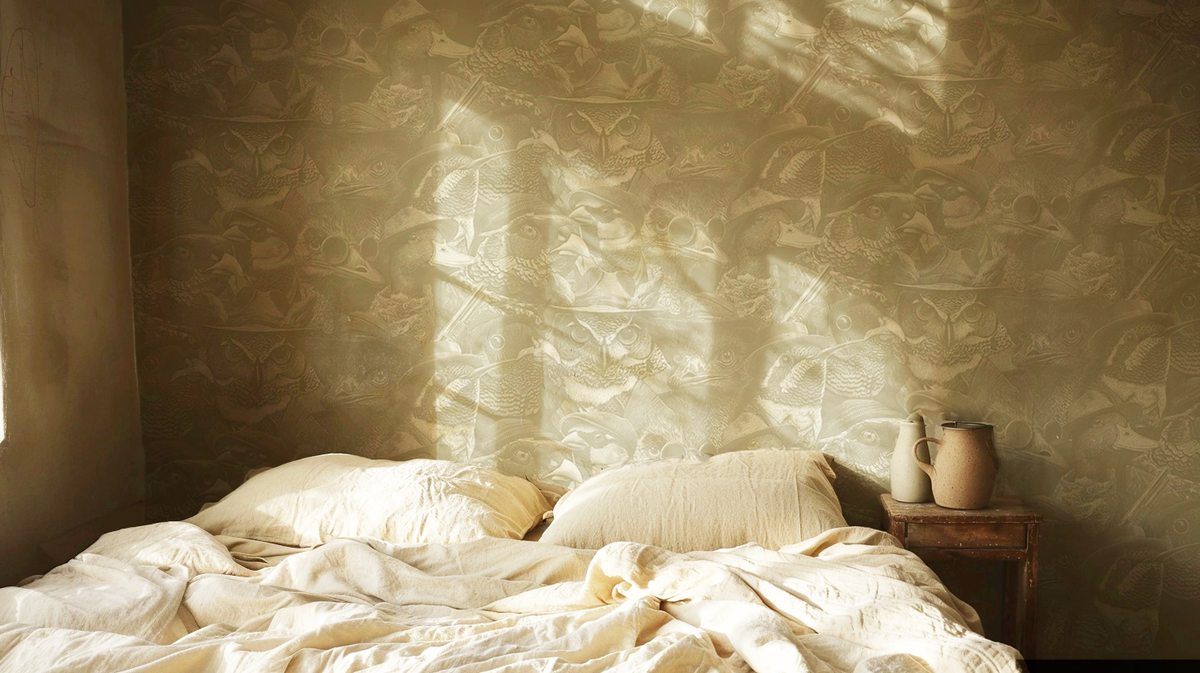 Moody wallpaper featuring a dense collage of vintage-style birds in hats, collars, and spectacles, rendered in soft taupe and beige tones with an antique illustrated look in bedroom