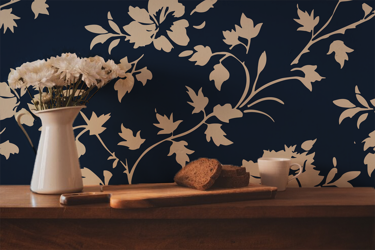 Navy Lace – Navy and Cream Floral Wallpaper