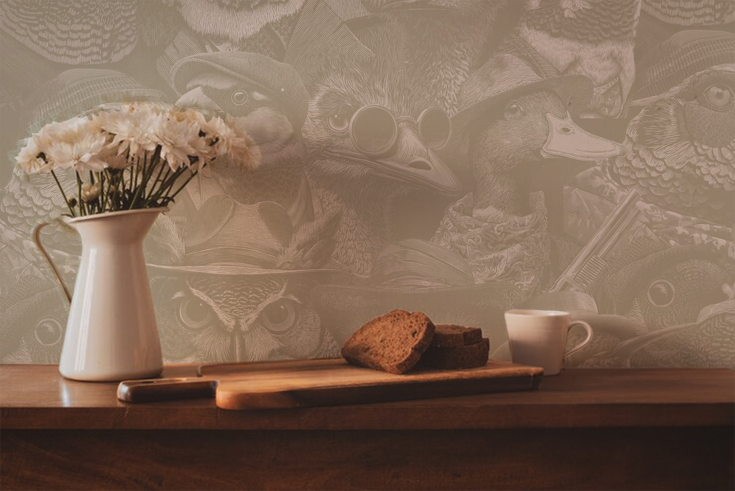 Moody wallpaper featuring a dense collage of vintage-style birds in hats, collars, and spectacles, rendered in soft taupe and beige tones with an antique illustrated look in kitchen