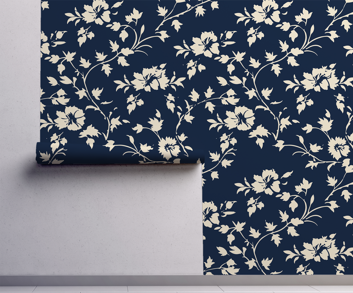 Navy Lace – Navy and Cream Floral Wallpaper