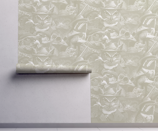 Moody wallpaper featuring a dense collage of vintage-style birds in hats, collars, and spectacles, rendered in soft taupe and beige tones with an antique illustrated look on wall