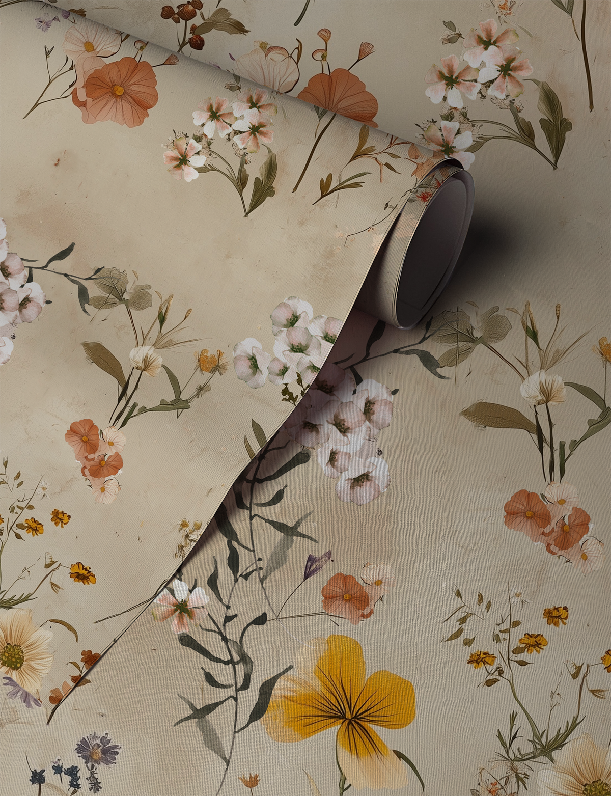 Neutral wildflower wallpaper with loose hand-painted stems, seed heads, and delicate blooms in muted taupe, cream, and sage on a warm off-white background up close