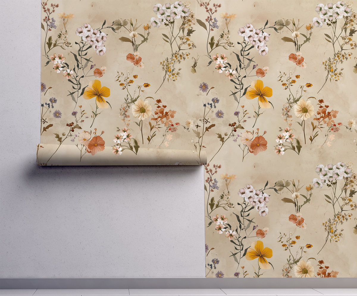 Neutral wildflower wallpaper with loose hand-painted stems, seed heads, and delicate blooms in muted taupe, cream, and sage on a warm off-white background on wall