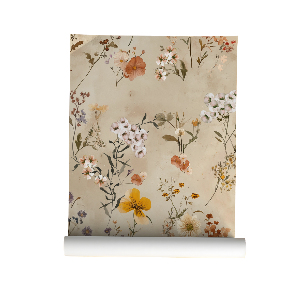 Neutral wildflower wallpaper with loose hand-painted stems, seed heads, and delicate blooms in muted taupe, cream, and sage on a warm off-white background on roll