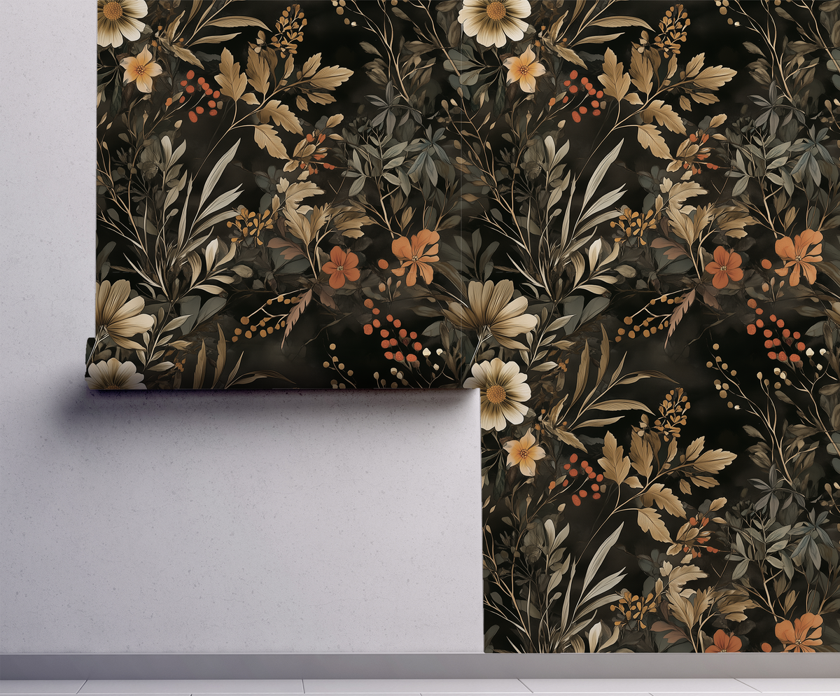 Dark floral wallpaper featuring vintage wildflowers, botanical foliage, and warm autumn tones on a black background,