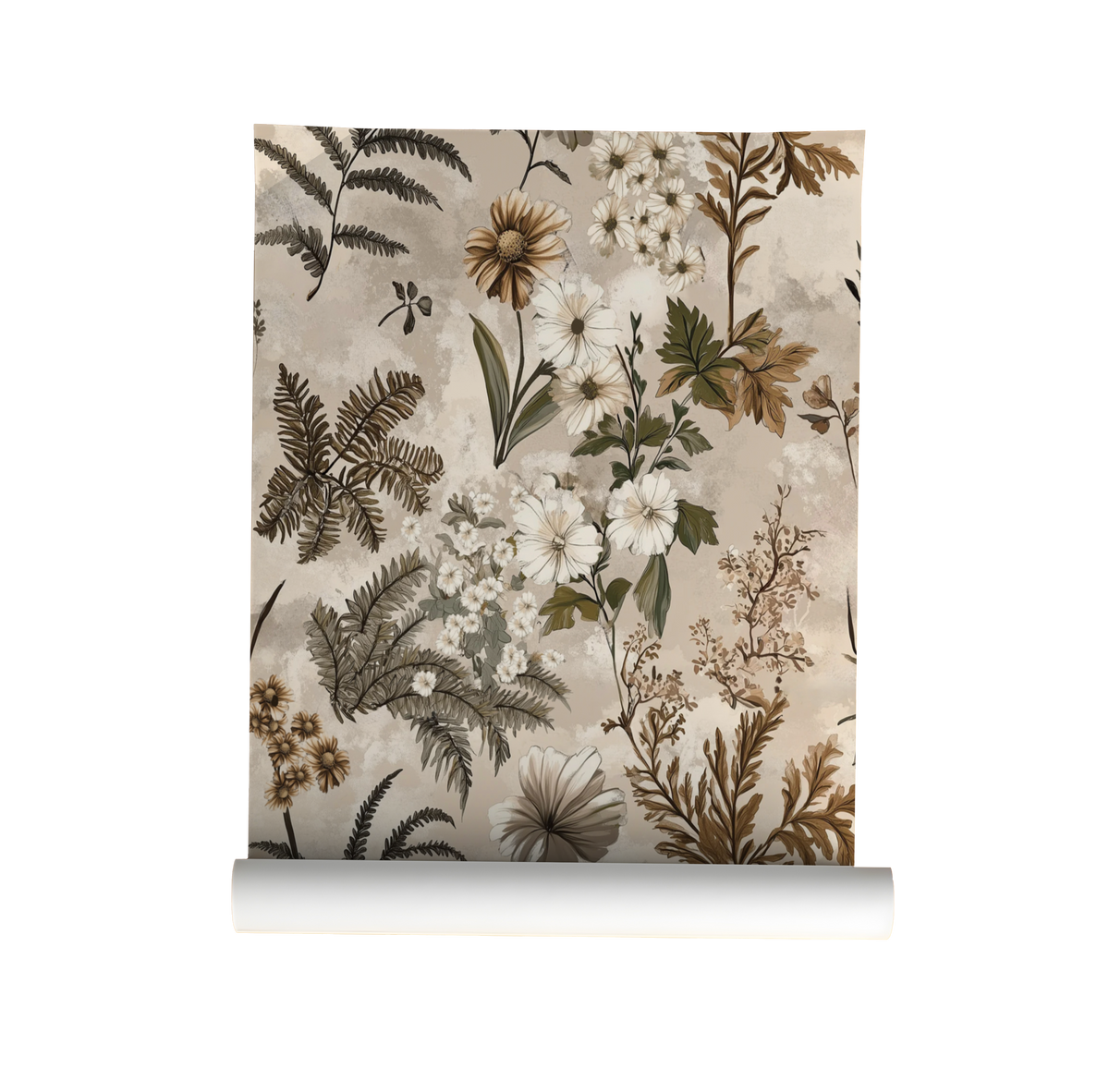 Moody botanical wallpaper with layered woodland foliage, ferns, and forest botanicals in deep earthy greens and warm neutral tones on a soft background on roll