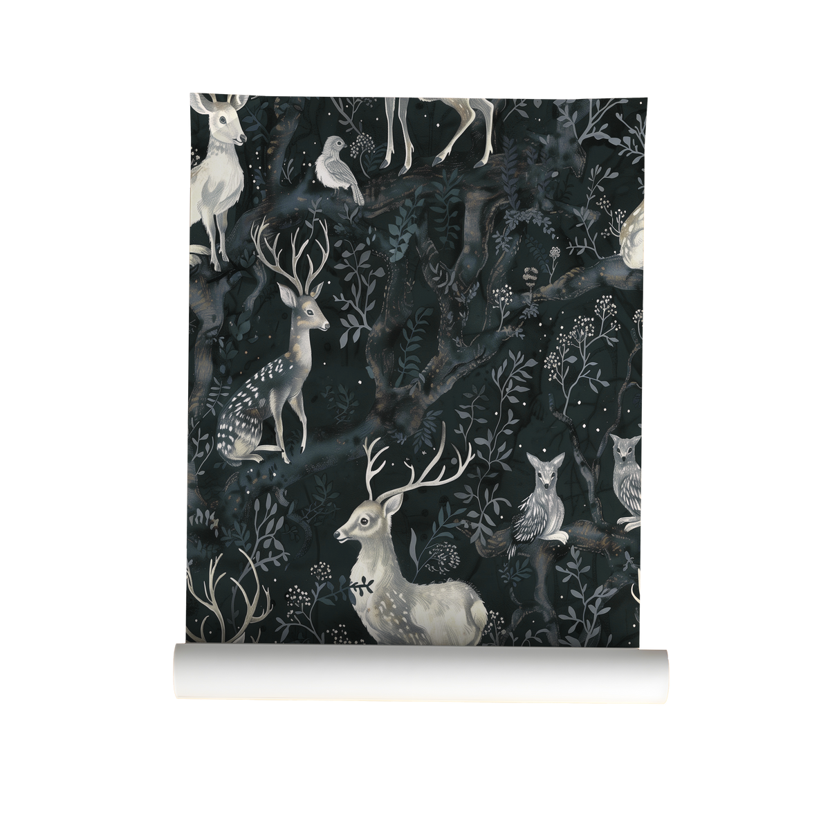 Dark woodland wallpaper featuring graceful deer, owls, and birds among twisting forest branches and soft botanical details on a deep moody background on roll