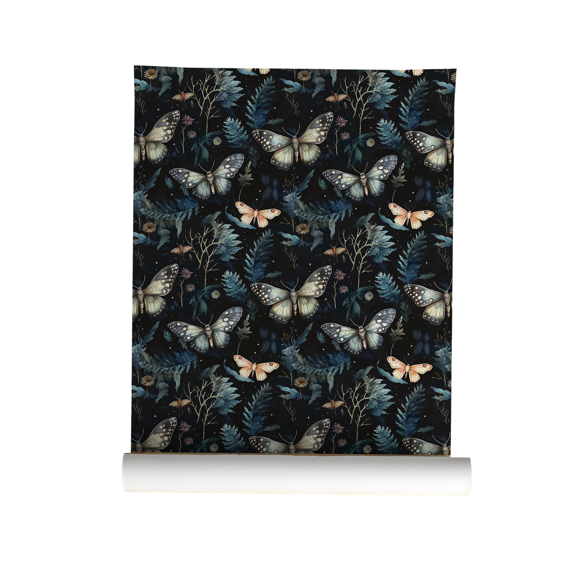 Midnight Moth & Butterfly botanical wallpaper roll showing cream moths, dark ferns, and butterflies on a deep black background on roll