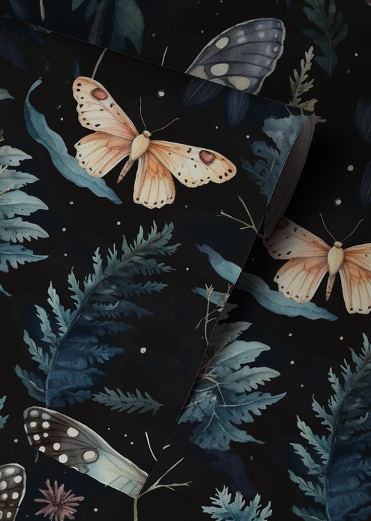 Midnight Moth & Butterfly botanical wallpaper roll showing cream moths, dark ferns, and butterflies on a deep black background up close