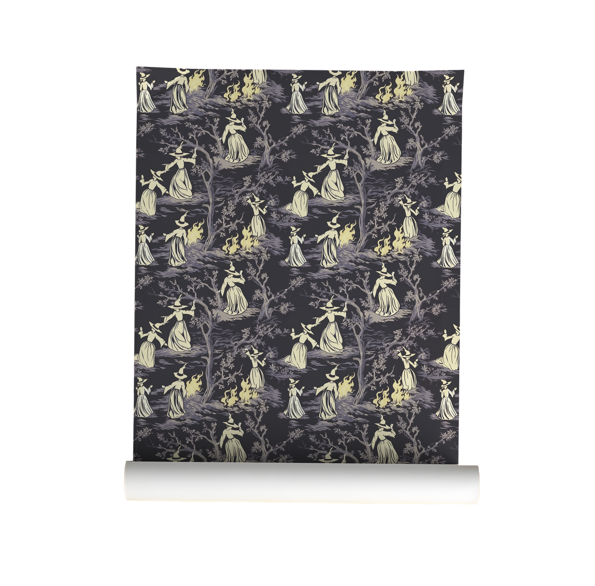 Moody peel-and-stick wallpaper sample featuring a witchy toile pattern with cream-cloaked figures, twisted gray trees, and glowing bonfire details on a deep charcoal background on roll