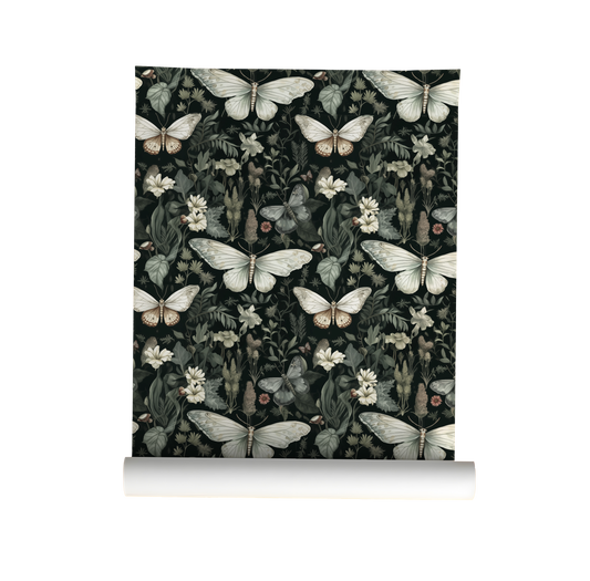 A Moths Tale - Green Floral Moth Wallpaper