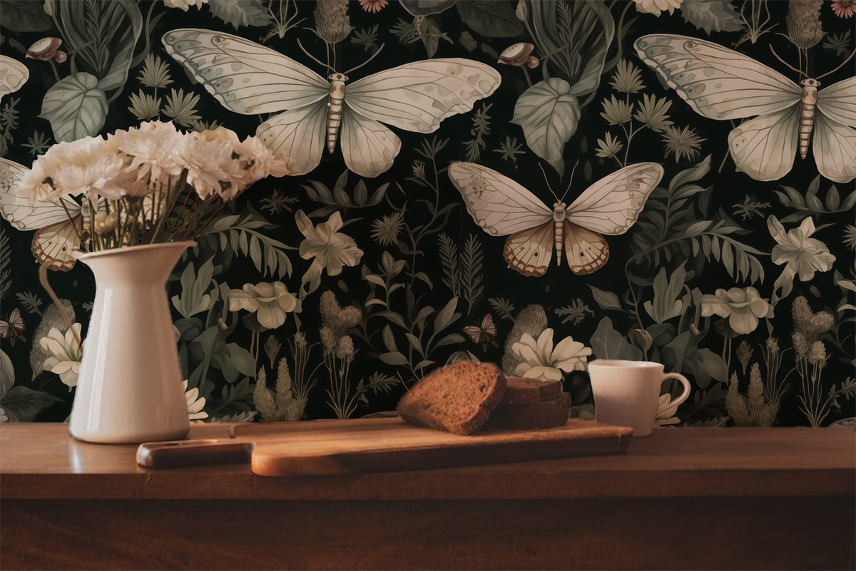 A Moths Tale - Green Floral Moth Wallpaper