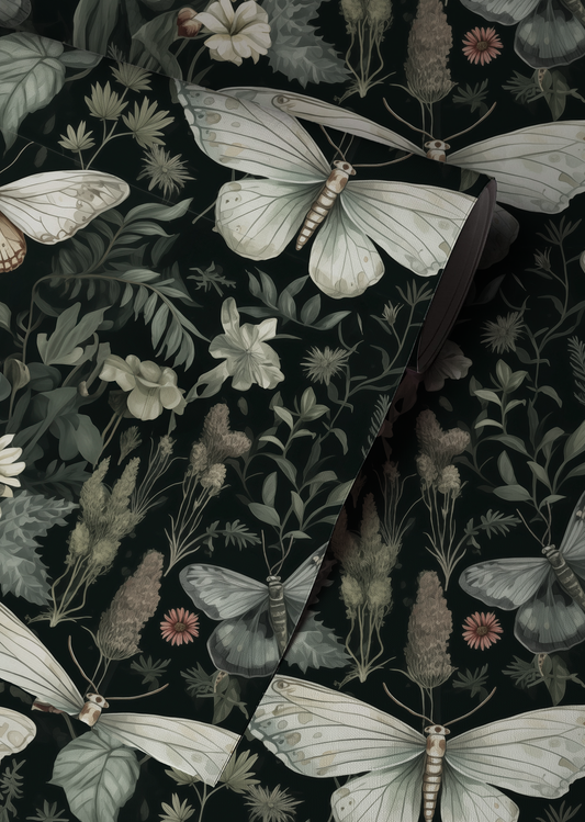 A Moths Tale - Green Floral Moth Wallpaper