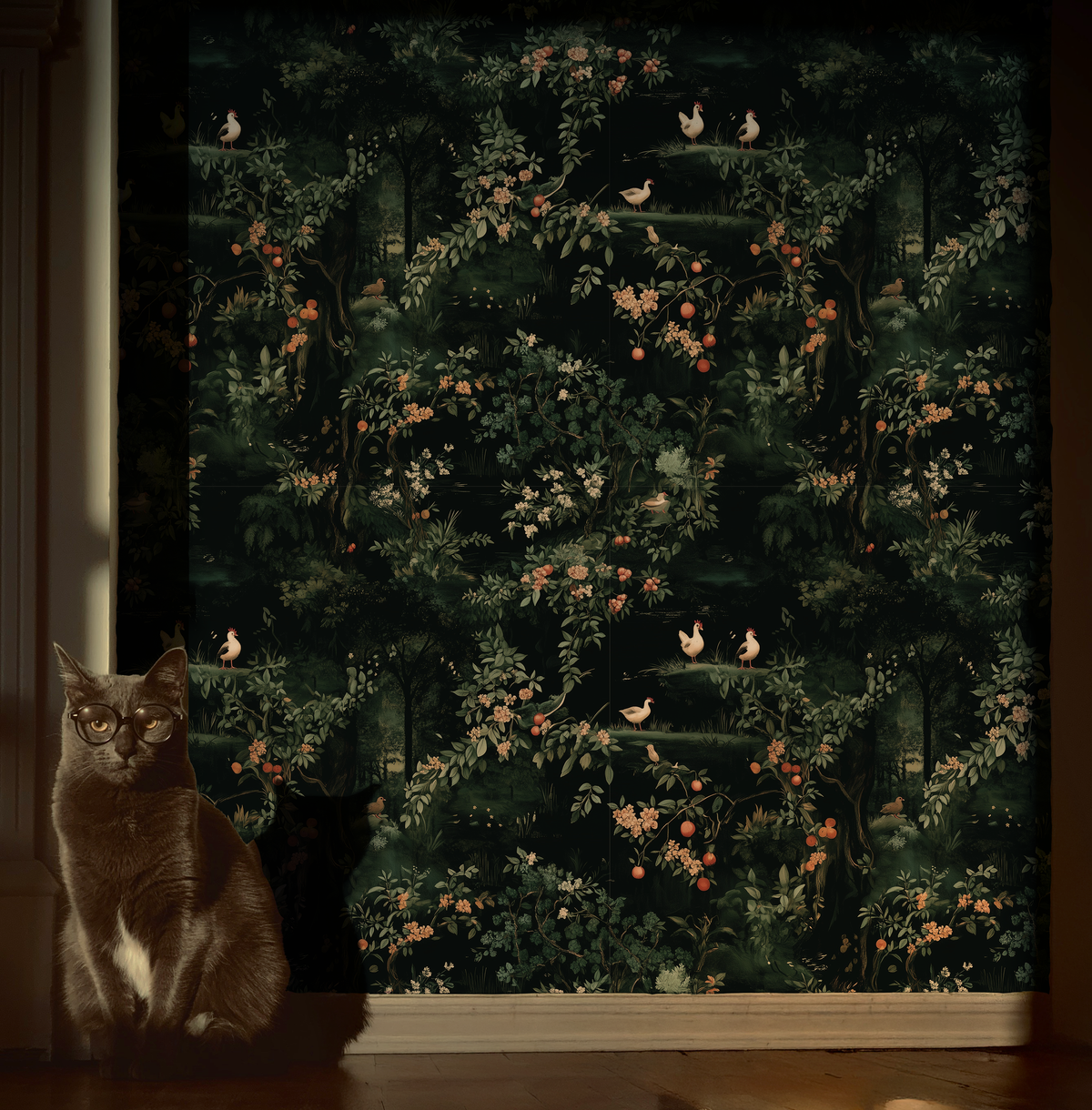 Renaissance Chickens Wallpaper – Dark Botanical Farmhouse Wallpaper