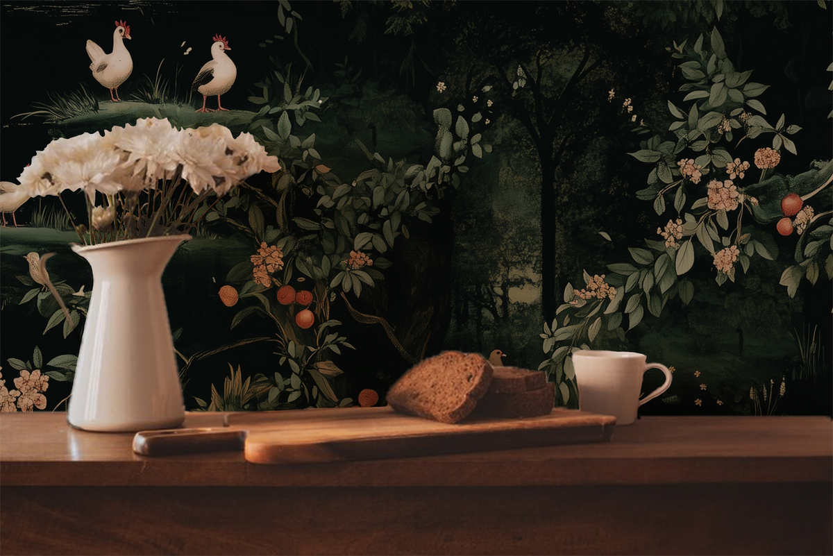Renaissance Chickens Wallpaper – Dark Botanical Farmhouse Wallpaper