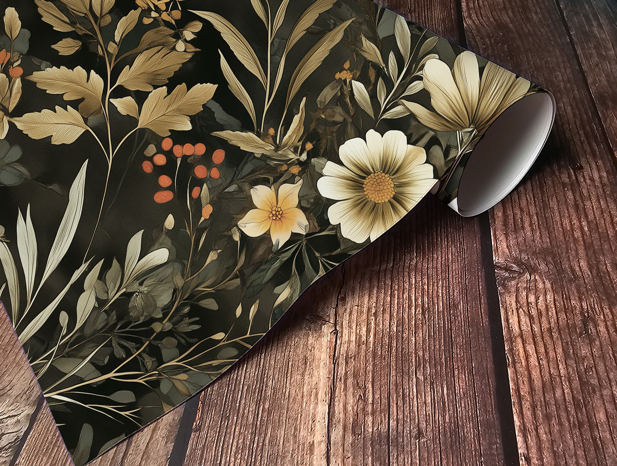 Dark floral wallpaper featuring vintage wildflowers, botanical foliage, and warm autumn tones on a black background,