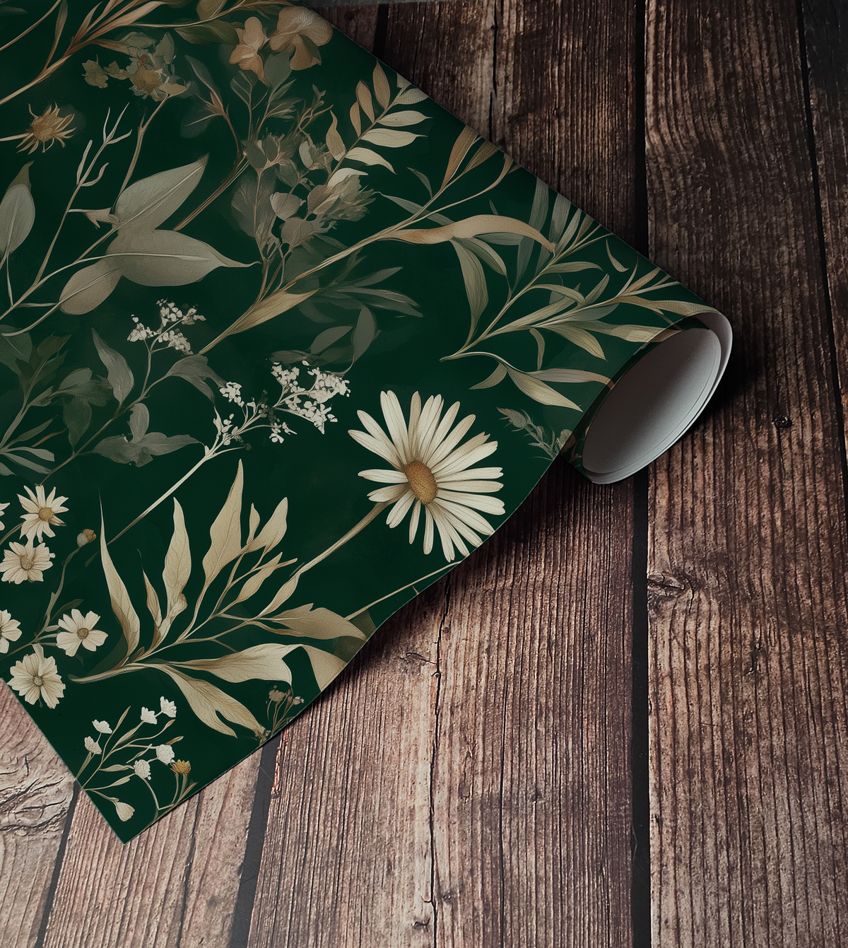 Dark moody wallpaper with dramatic oversized floral blooms in deep navy, charcoal, and inky black tones with rich botanical detail up close