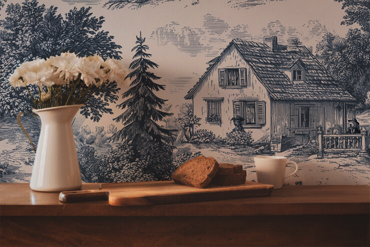 Whimsical tolie de jouy blue peel and stick wallpaper