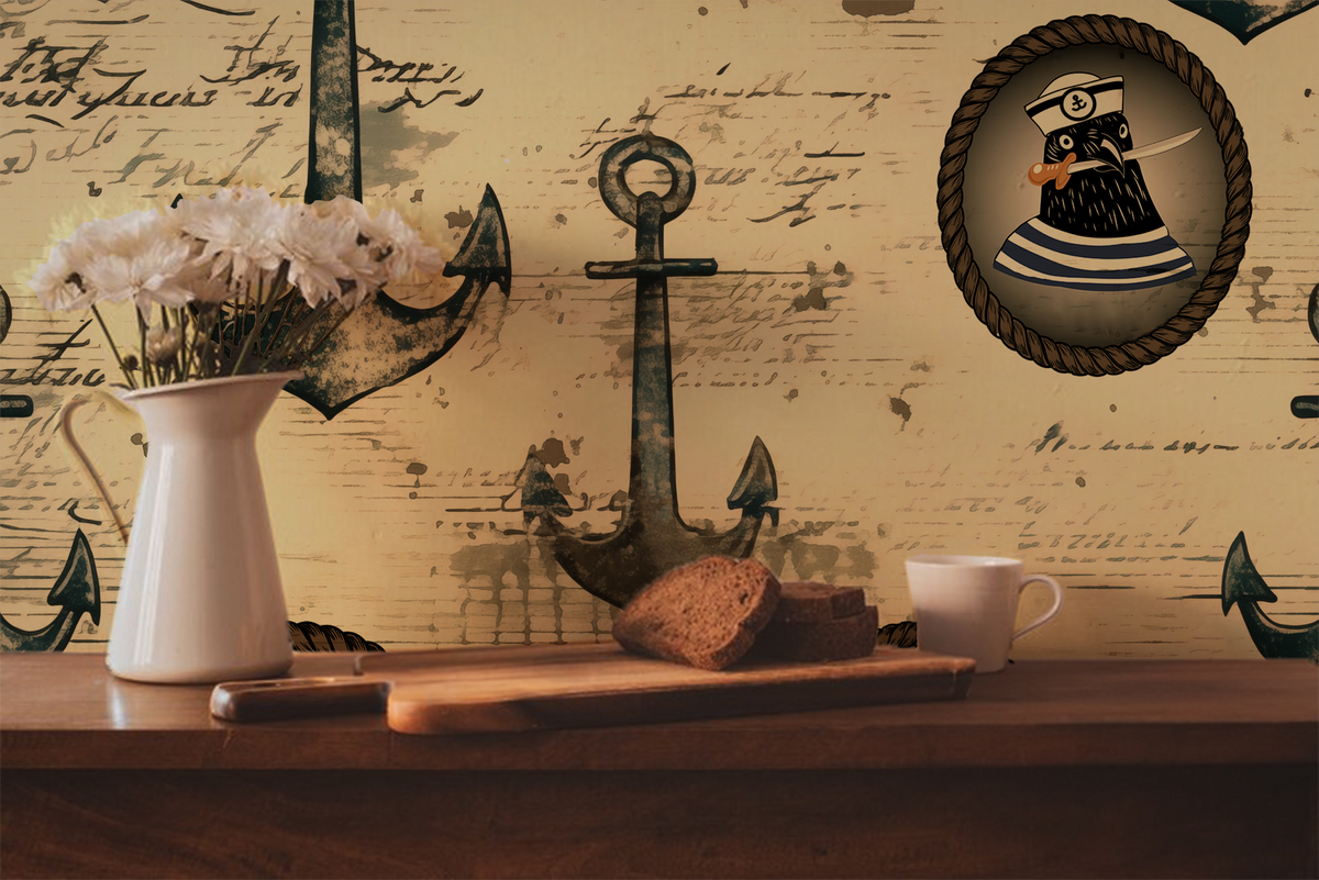 Nautical wallpaper with distressed blue anchors, vintage sailor portraits, and script details on a warm cream background up close on wall