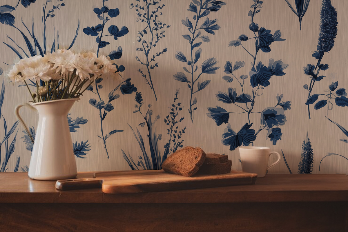 Soft Blue Floral Wallpaper – Delicate Botanical Design
