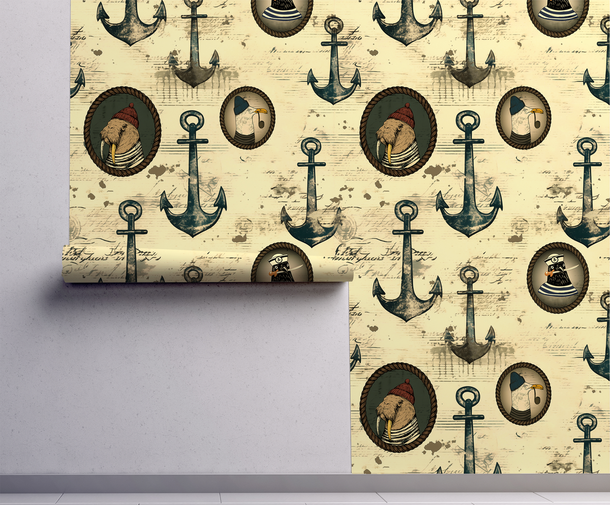 Nautical wallpaper with distressed blue anchors, vintage sailor portraits, and script details on a warm cream background