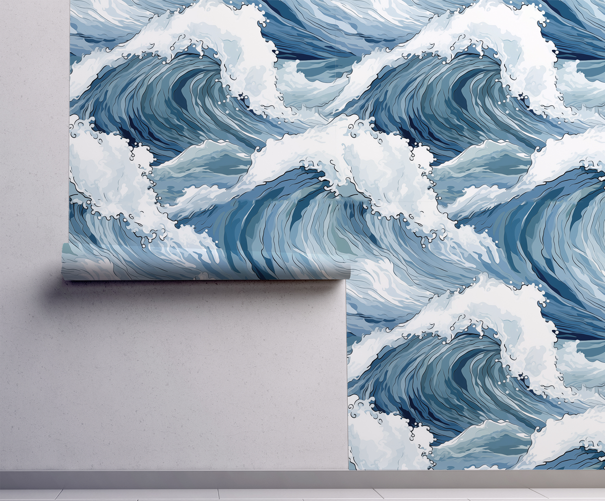 Blue Wave Wallpaper – Ocean Coastal Peel and Stick Design