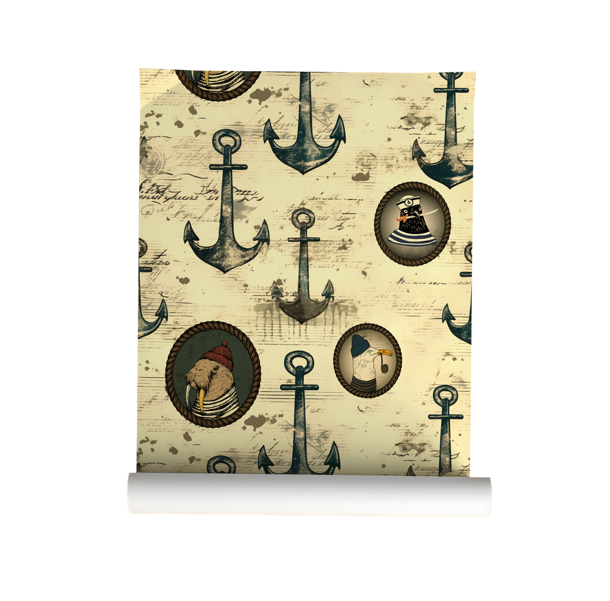 Nautical wallpaper with distressed blue anchors, vintage sailor portraits, and script details on a warm cream background on roll