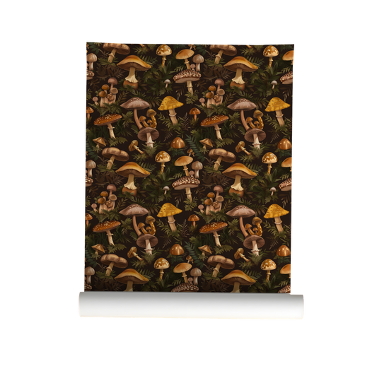Mushroom wallpaper peel and stick, dark cottagecore forest pattern with vintage fungi illustrations and botanical greenery on roll