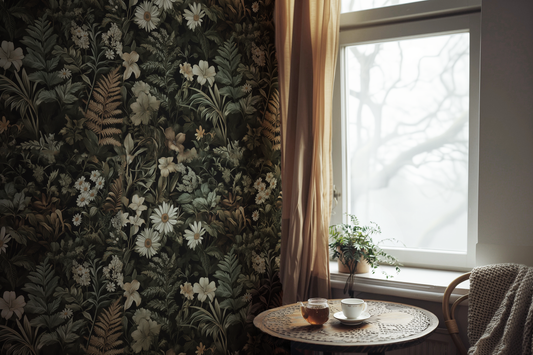 Dark green botanical wallpaper with dense vintage florals, ferns, and wildflowers in moody cottagecore style In kitchen