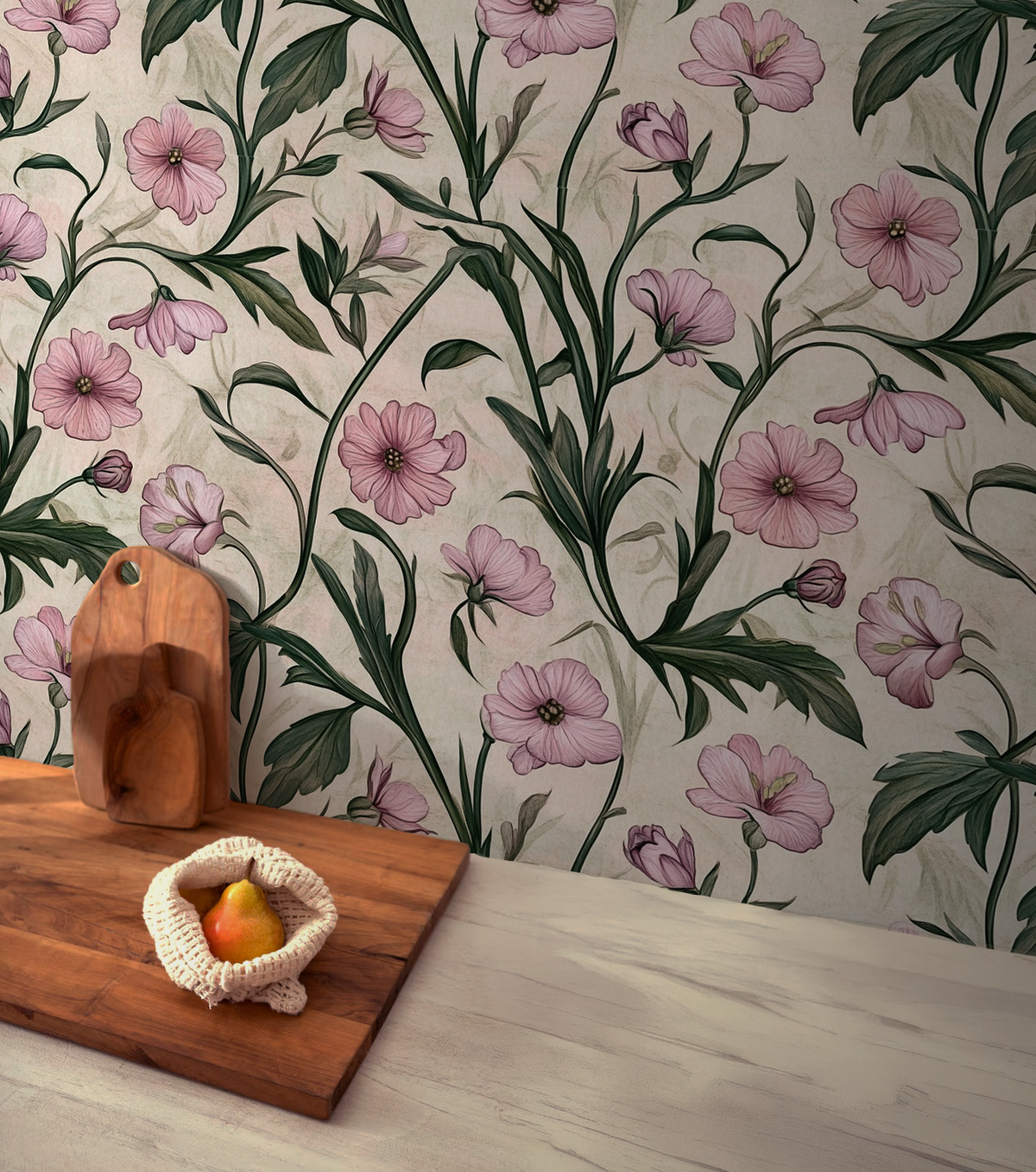 Soft blush floral wallpaper with delicate pink wildflowers and trailing botanical stems on a warm neutral background, cottagecore wallpaper design for bedrooms, nurseries, and romantic interiors, in kitchen