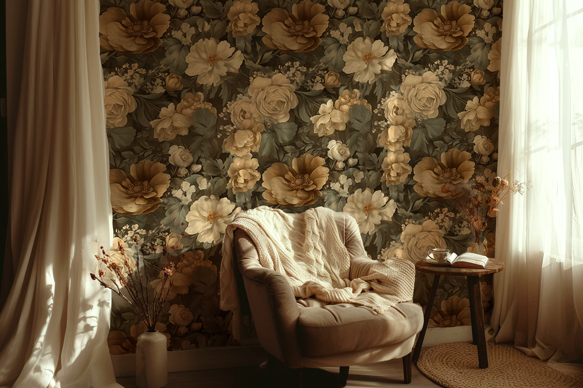 Vintage floral wallpaper featuring cream, ivory, and taupe roses with layered botanical blooms on a muted olive background, creating a warm cottagecore and traditional garden aesthetic, in reading nook