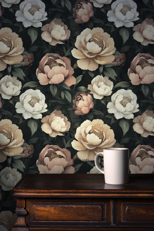 Moody peony wallpaper featuring oversized cream, blush, and taupe blooms with deep green foliage on a dark background, creating an elegant cottagecore floral statement wall, in kitchen