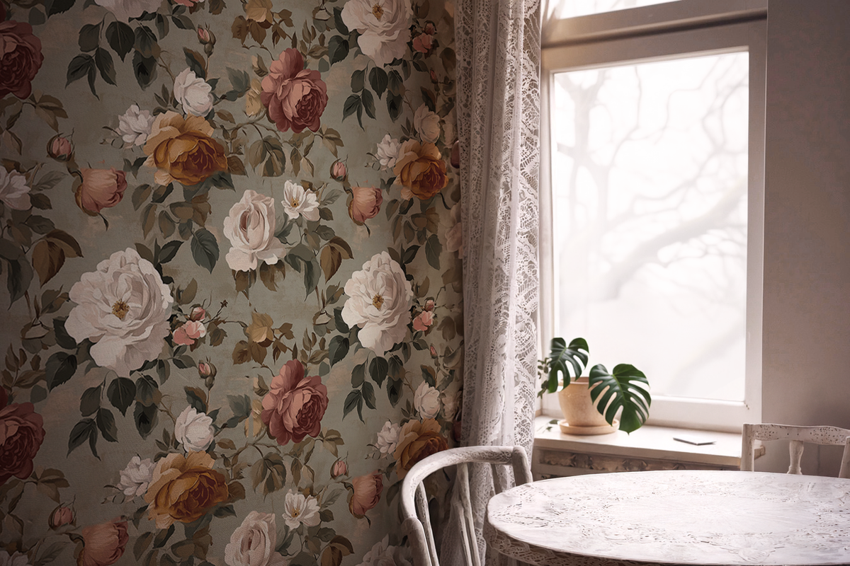 Heirloom Rose - Sage Floral Limewash Wallpaper