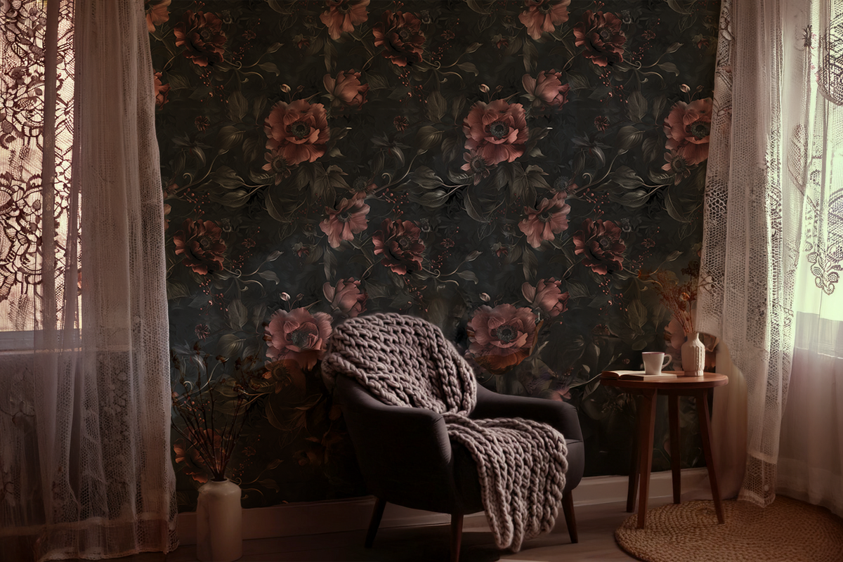 Dark moody floral wallpaper with deep burgundy flowers, black foliage and trailing vines on a charcoal background in cozy living room.