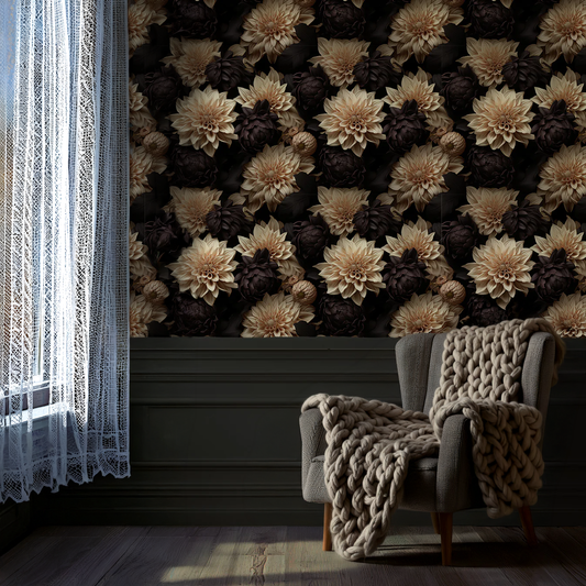 Dark floral wallpaper with large realistic cream dahlias and deep black flowers on a dramatic black background in reading room
