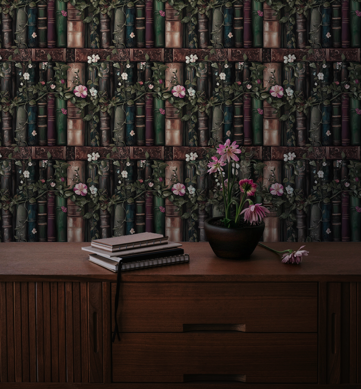 Bookshelf wallpaper peel and stick, dark academia library wall mural with antique books, flowers, and botanical vines in room