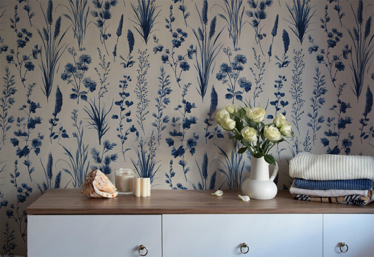 Soft blue neutral floral peel and stick wallpaper