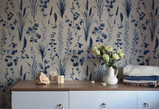 Soft blue neutral floral peel and stick wallpaper